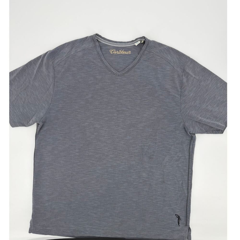 Caribbean Men's Large Gray Textured V-Neck Short Sleeve Shirt Resort Casual